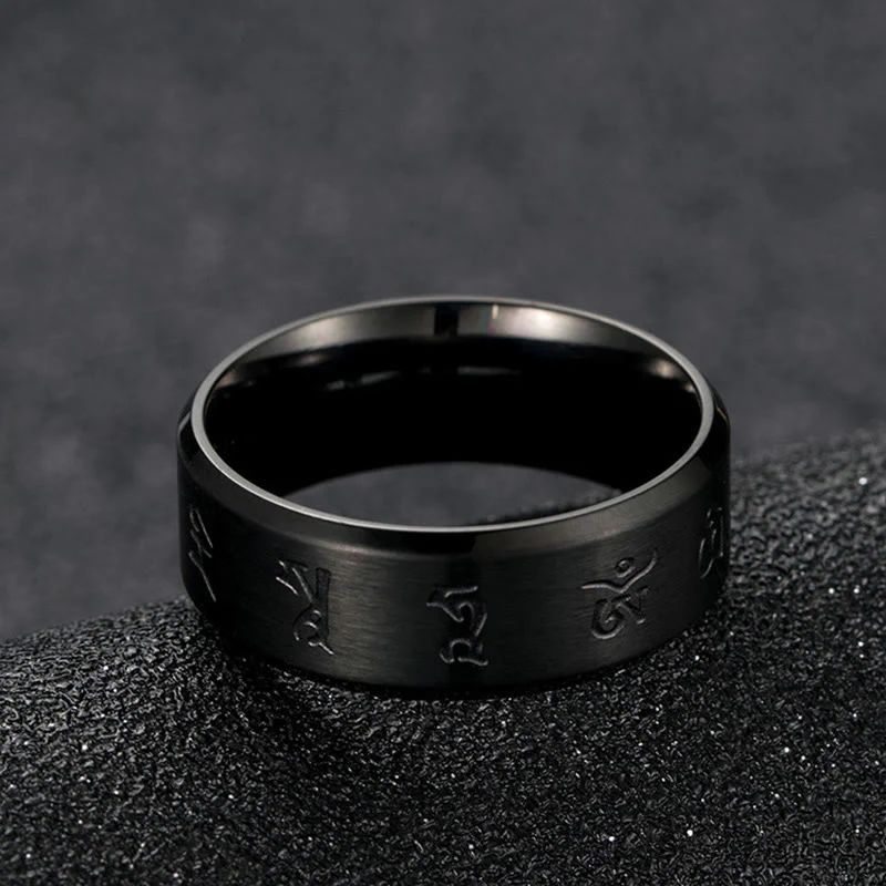 Anello di equilibrio in acciaio al titanio con mantra Jambhala nero Buddha Stones - Image 8