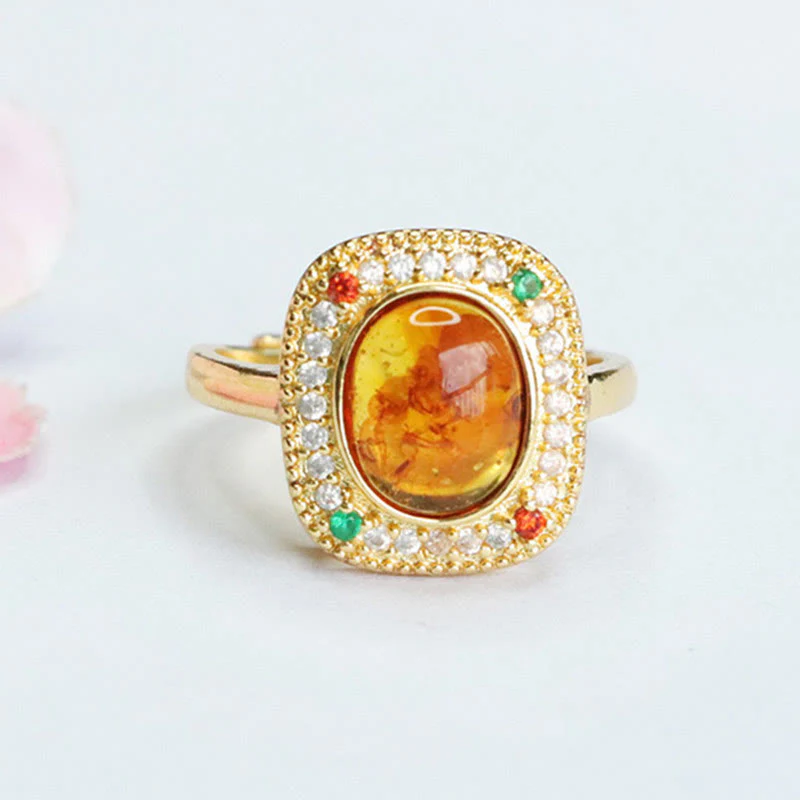 Anello di fiducia con supporto quadrato con fiore di ambra naturale Buddha Stones - Image 2