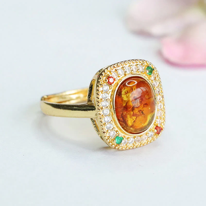Anello di fiducia con supporto quadrato con fiore di ambra naturale Buddha Stones - Image 3