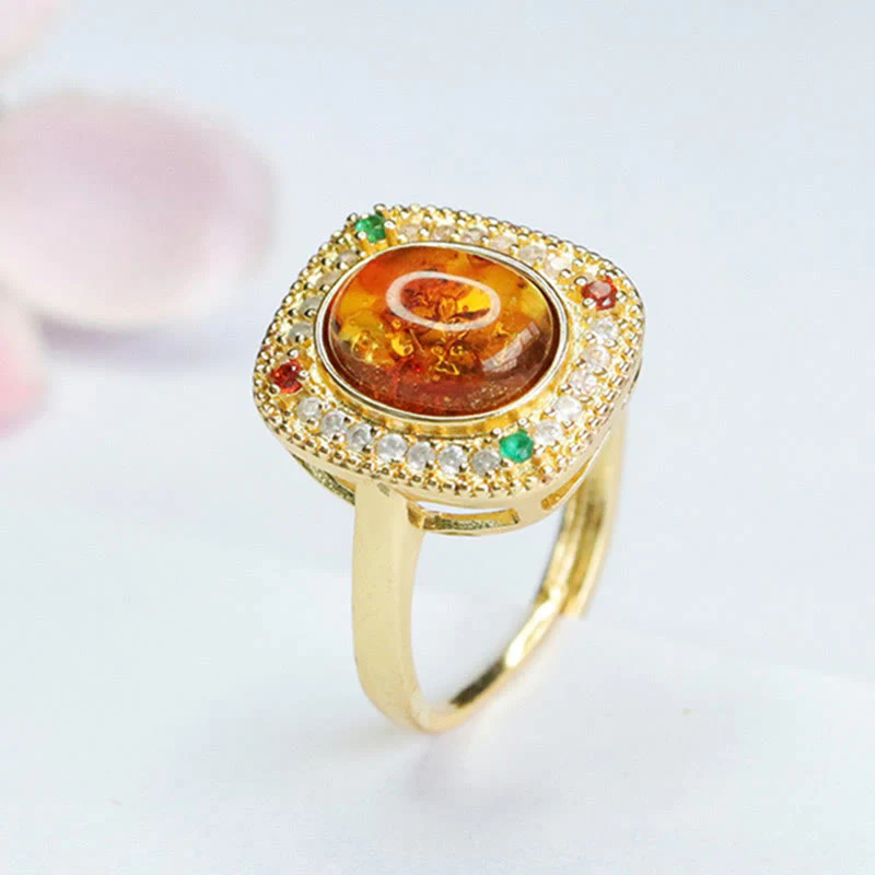 Anello di fiducia con supporto quadrato con fiore di ambra naturale Buddha Stones - Image 4