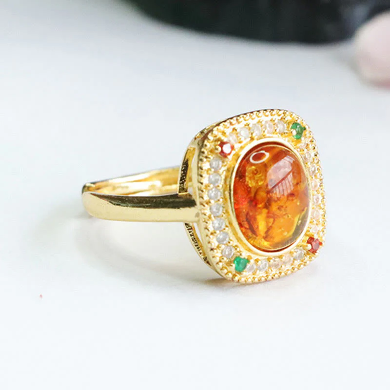 Anello di fiducia con supporto quadrato con fiore di ambra naturale Buddha Stones - Image 6
