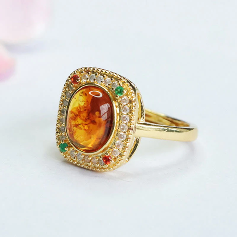 Anello di fiducia con supporto quadrato con fiore di ambra naturale Buddha Stones - Image 7
