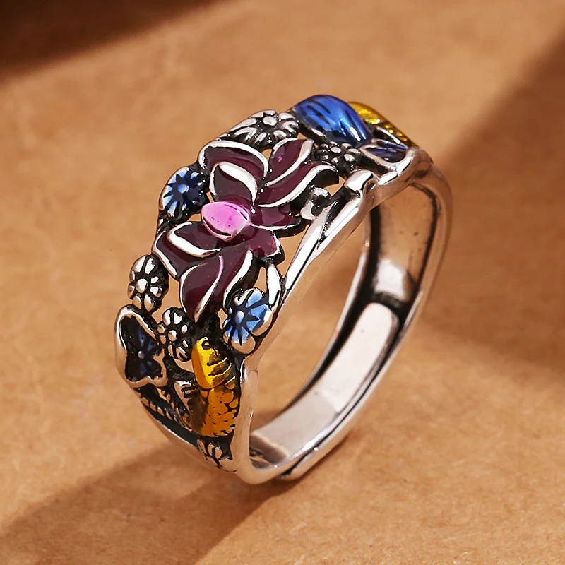 Anello di fortuna e ricchezza con Buddha Stones, pesce koi, fiore di loto e foglia. - Image 2