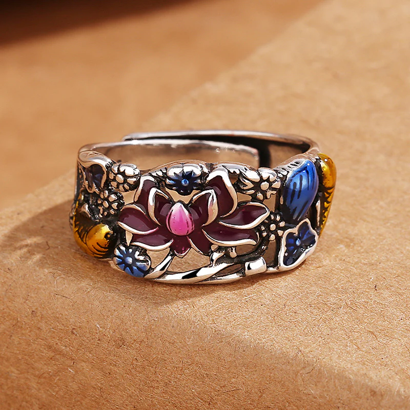 Anello di fortuna e ricchezza con Buddha Stones, pesce koi, fiore di loto e foglia. - Image 3