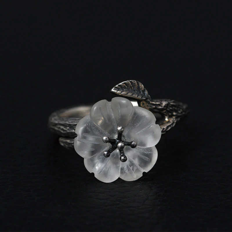 Anello di guarigione regolabile con fiore scheletro di cristallo bianco in argento sterling 925 Buddha Stones - Image 10