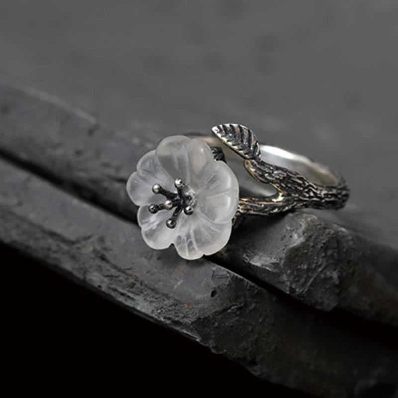 Anello di guarigione regolabile con fiore scheletro di cristallo bianco in argento sterling 925 Buddha Stones - Image 11