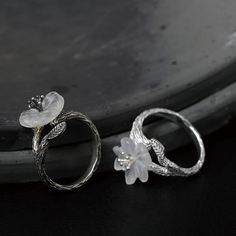 Anello di guarigione regolabile con fiore scheletro di cristallo bianco in argento sterling 925 Buddha Stones - Image 12