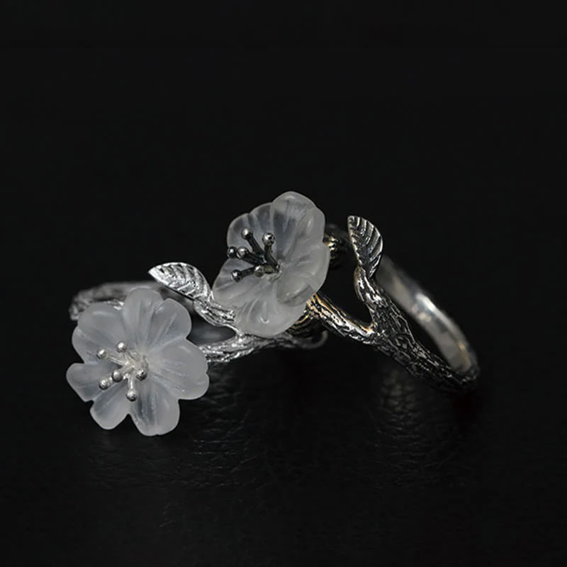 Anello di guarigione regolabile con fiore scheletro di cristallo bianco in argento sterling 925 Buddha Stones - Image 13