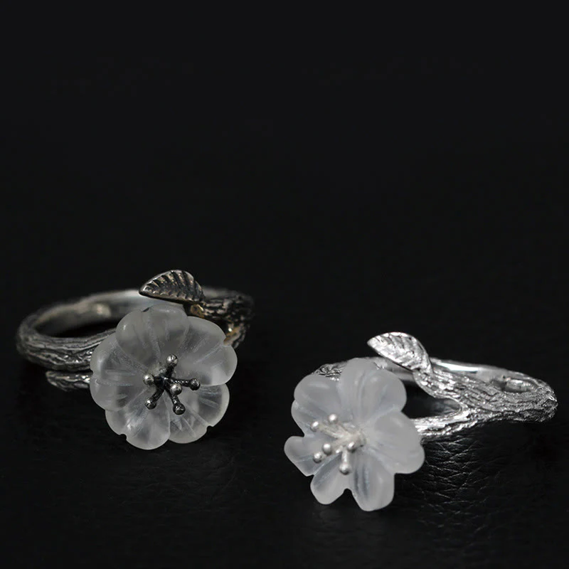 Anello di guarigione regolabile con fiore scheletro di cristallo bianco in argento sterling 925 Buddha Stones - Image 14