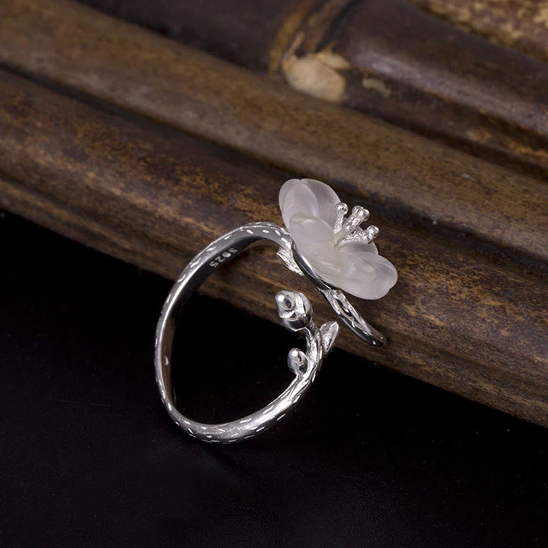 Anello di guarigione regolabile in argento sterling 925 con fiore di cristallo bianco naturale Buddha Stones - Image 3