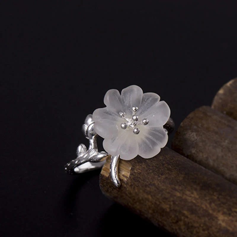 Anello di guarigione regolabile in argento sterling 925 con fiore di cristallo bianco naturale Buddha Stones - Image 4