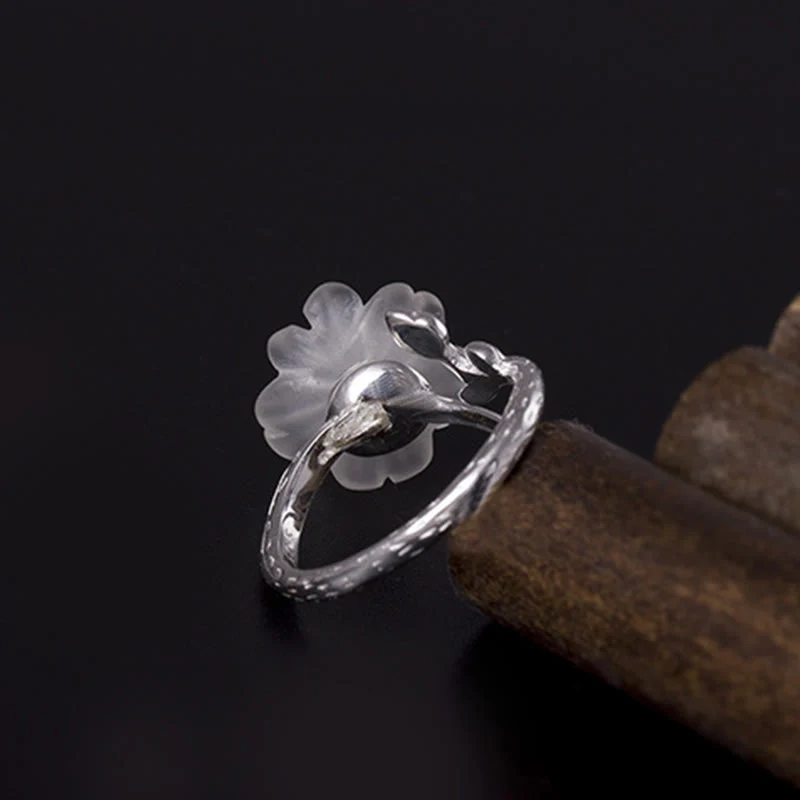 Anello di guarigione regolabile in argento sterling 925 con fiore di cristallo bianco naturale Buddha Stones - Image 8