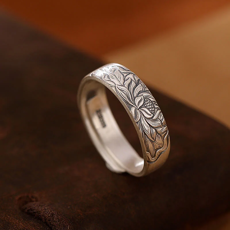 Anello di illuminazione inciso con Buddha Stones in argento sterling 999, fiore di loto, fiore di prugna, nuvole di buon auspicio - Image 2