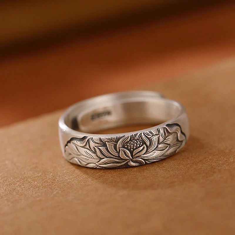 Anello di illuminazione inciso con Buddha Stones in argento sterling 999, fiore di loto, fiore di prugna, nuvole di buon auspicio - Image 3