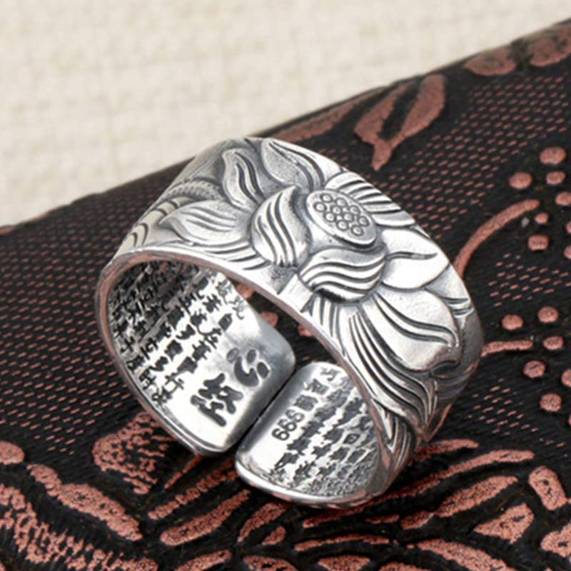 Anello di protezione del sutra del cuore con simbolo del loto in argento sterling 999 Buddha Stones - Image 3