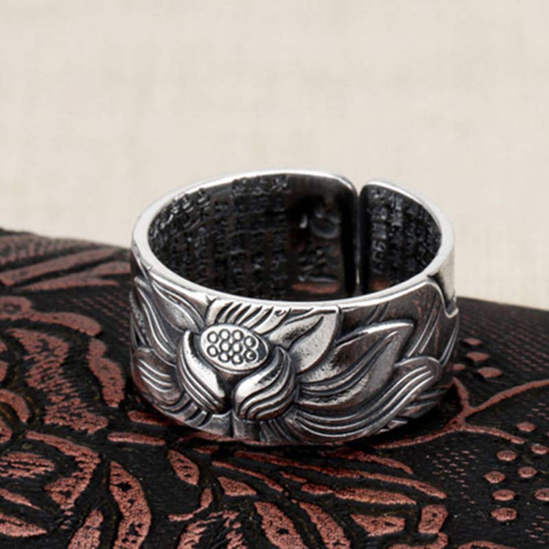 Anello di protezione del sutra del cuore con simbolo del loto in argento sterling 999 Buddha Stones - Image 4