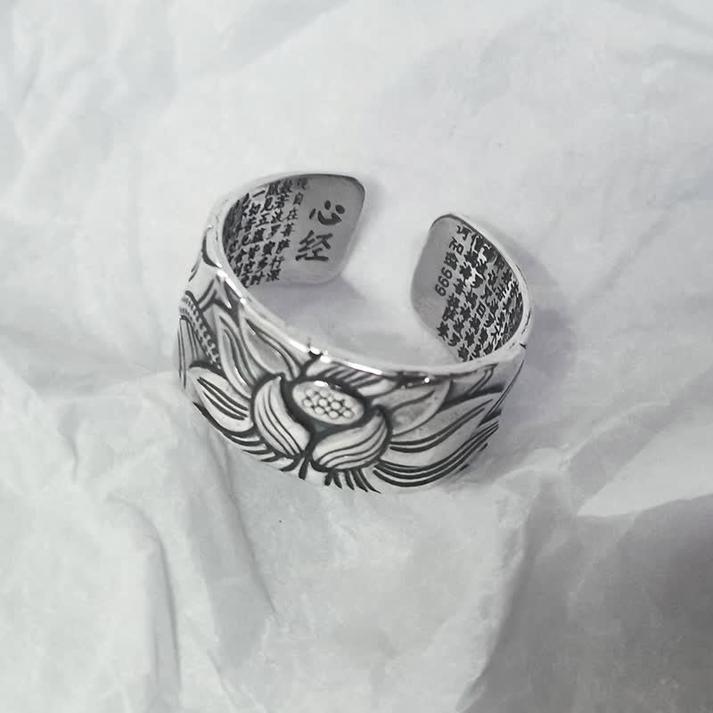 Anello di protezione del sutra del cuore con simbolo del loto in argento sterling 999 Buddha Stones - Image 5