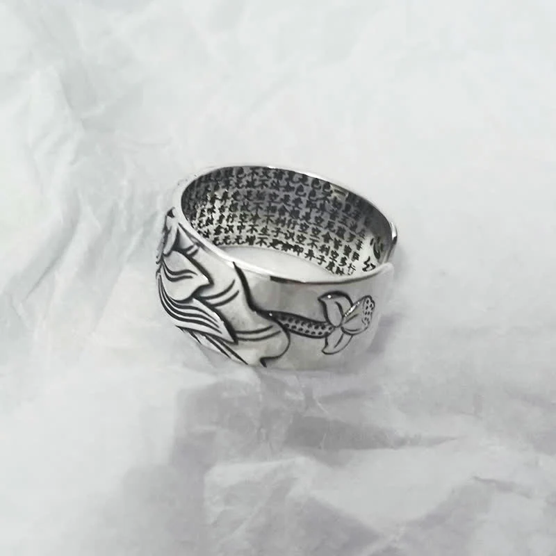 Anello di protezione del sutra del cuore con simbolo del loto in argento sterling 999 Buddha Stones - Image 6