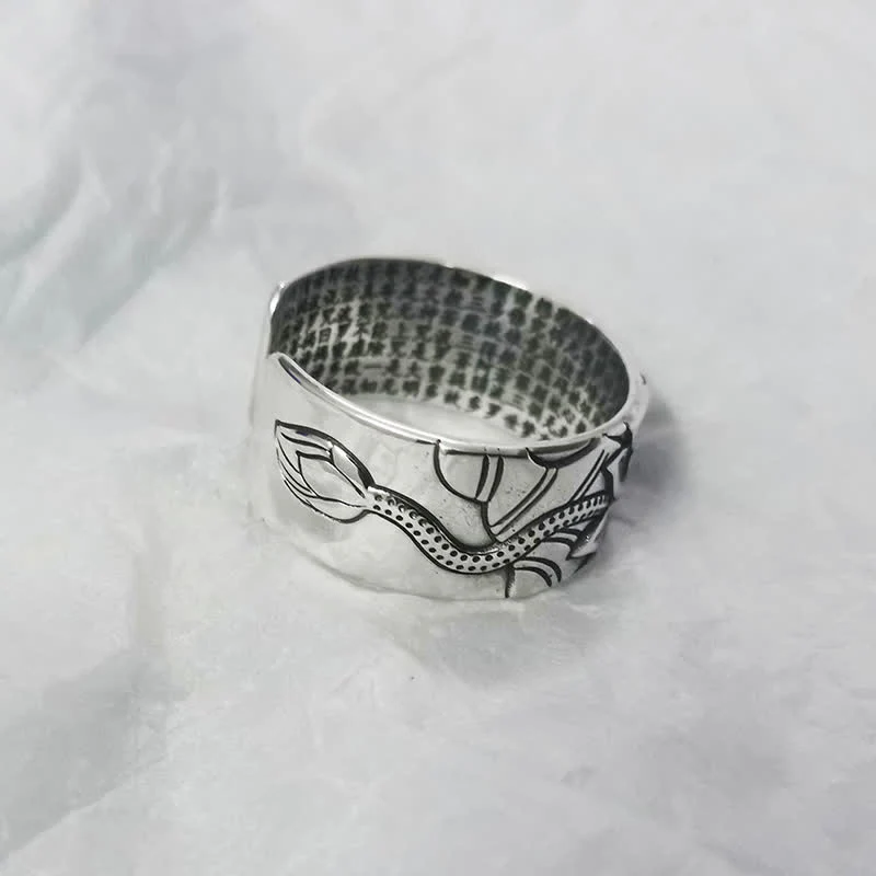 Anello di protezione del sutra del cuore con simbolo del loto in argento sterling 999 Buddha Stones - Image 7