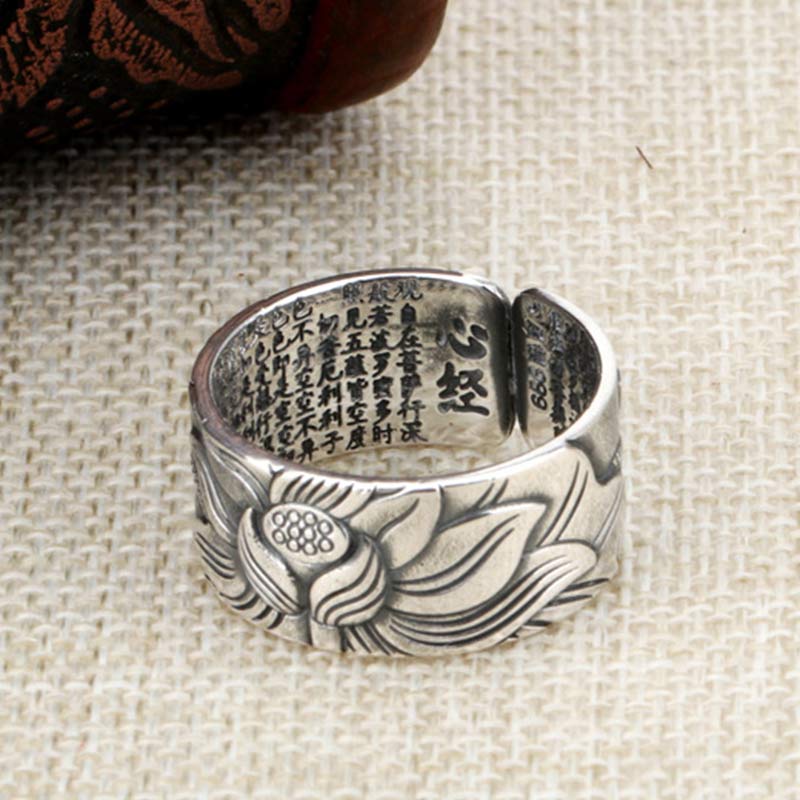 Anello di protezione del sutra del cuore con simbolo del loto in argento sterling 999 Buddha Stones - Image 8