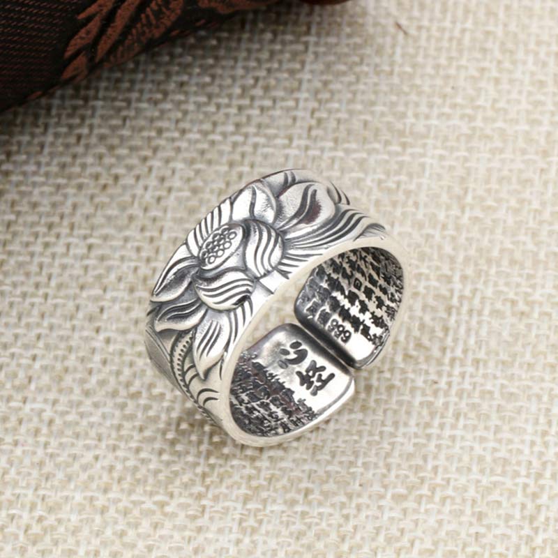 Anello di protezione del sutra del cuore con simbolo del loto in argento sterling 999 Buddha Stones - Image 9
