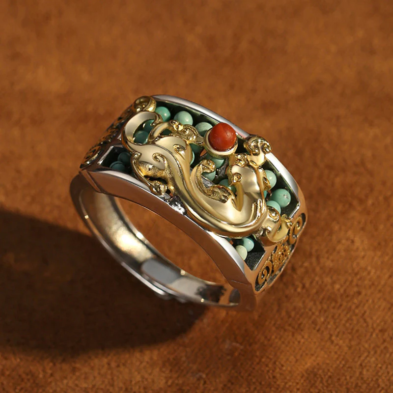 Anello di protezione PiXiu Abacus in argento sterling 925 Buddha Stones e agata rossa turchese - Image 10