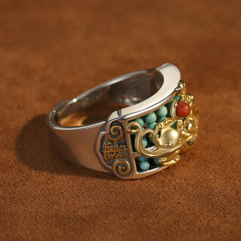 Anello di protezione PiXiu Abacus in argento sterling 925 Buddha Stones e agata rossa turchese - Image 11