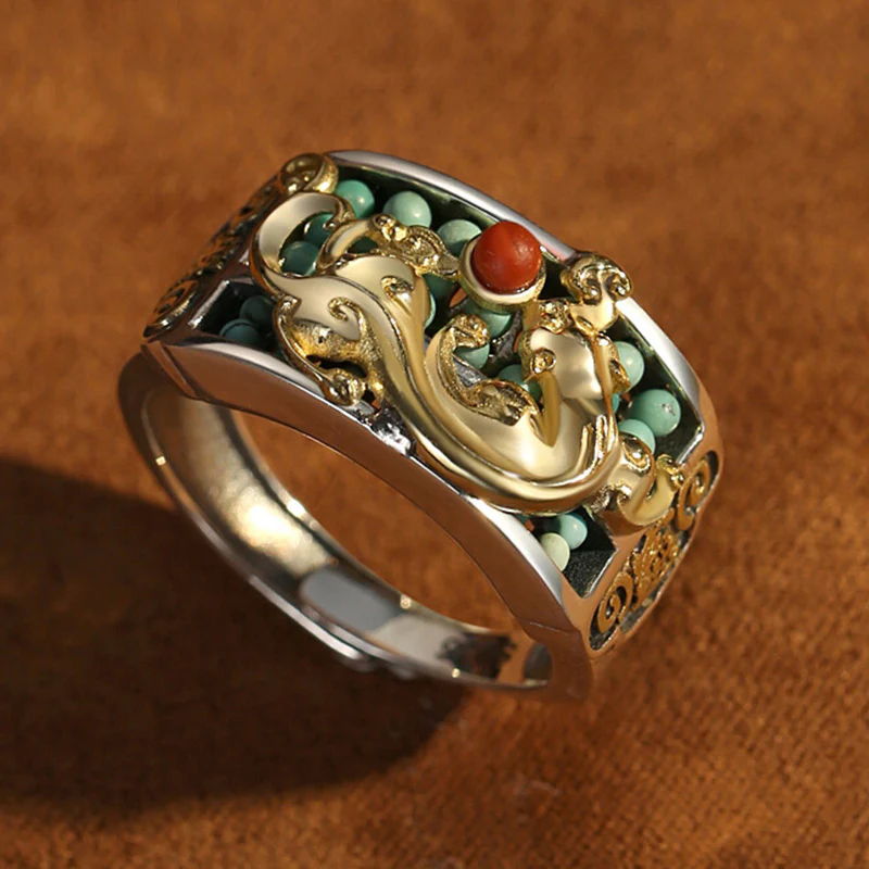 Anello di protezione PiXiu Abacus in argento sterling 925 Buddha Stones e agata rossa turchese - Image 7