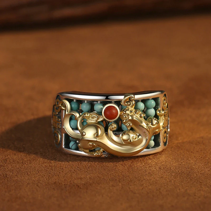 Anello di protezione PiXiu Abacus in argento sterling 925 Buddha Stones e agata rossa turchese - Image 8