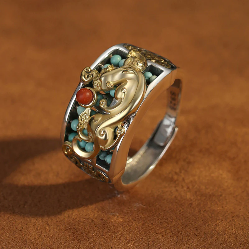 Anello di protezione PiXiu Abacus in argento sterling 925 Buddha Stones e agata rossa turchese - Image 9