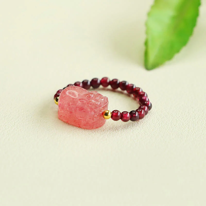Anello di protezione Pixiu con perle di granato e quarzo fragola Buddha Stones - Image 5