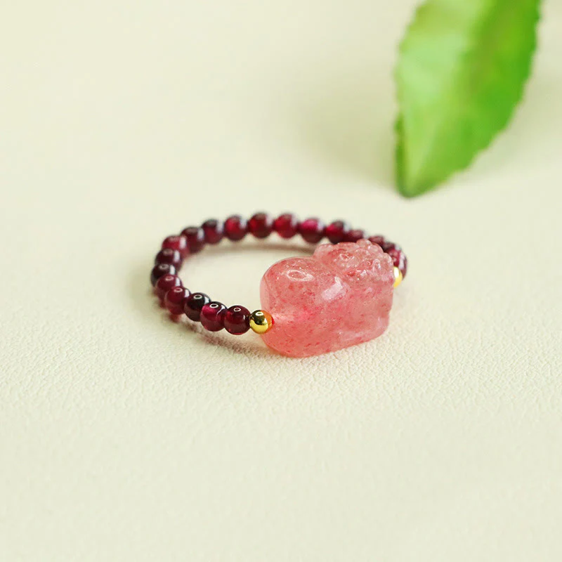 Anello di protezione Pixiu con perle di granato e quarzo fragola Buddha Stones - Image 6