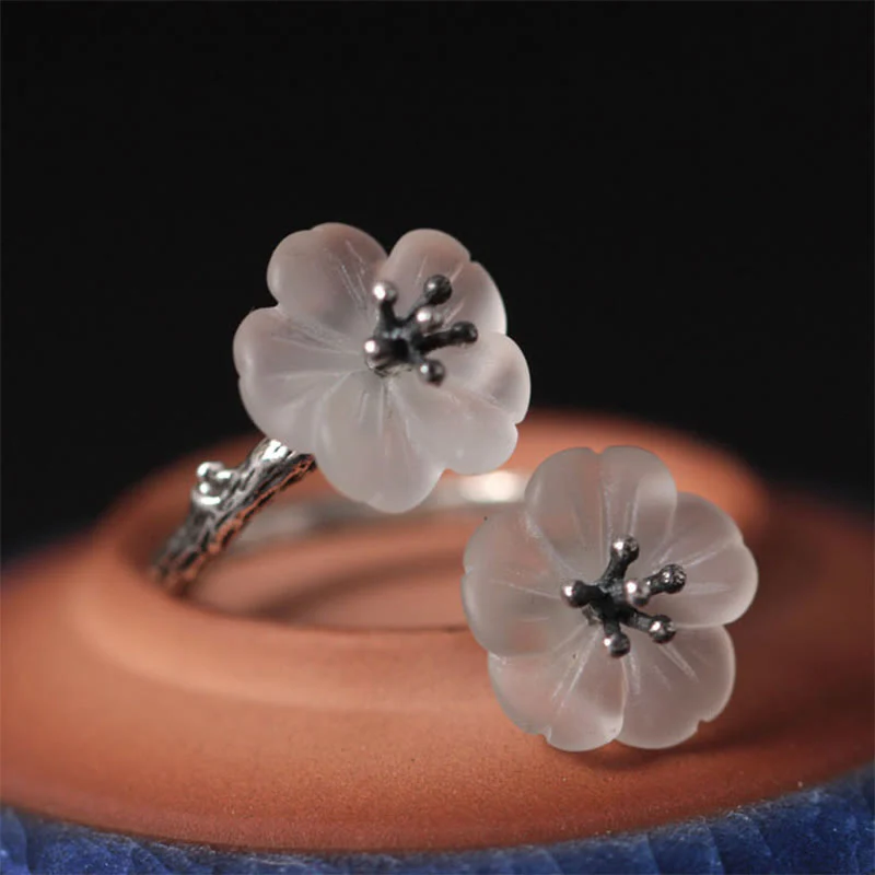 Anello di protezione regolabile con doppio fiore di prugna in cristallo bianco in argento sterling 925 Buddha Stones - Image 12