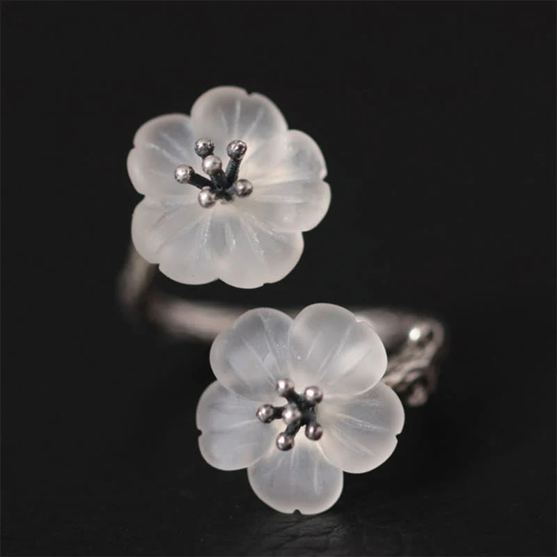 Anello di protezione regolabile con doppio fiore di prugna in cristallo bianco in argento sterling 925 Buddha Stones - Image 7
