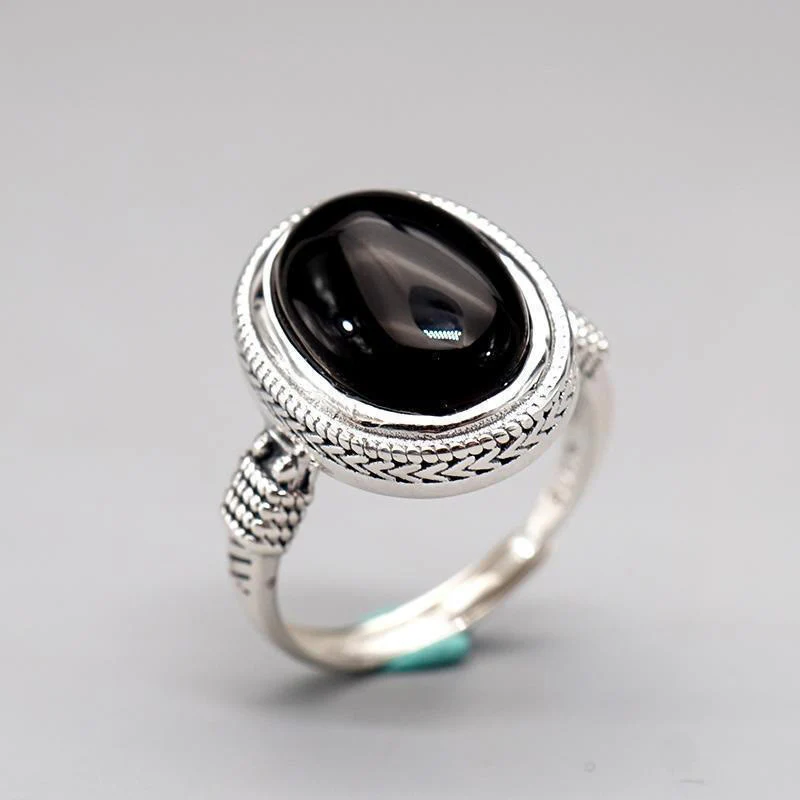 Anello di protezione regolabile in onice nero naturale Buddha Stones - Image 9