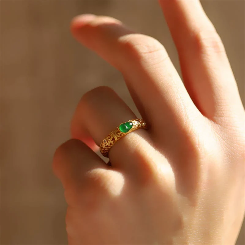 Anello di ricchezza in lega di rame con calcedonio verde zucca vintage Buddha Stones - Image 15