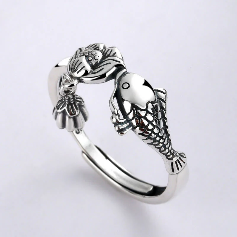 Anello di successo con fiore di loto e pesce koi in argento sterling 925 Buddha Stones