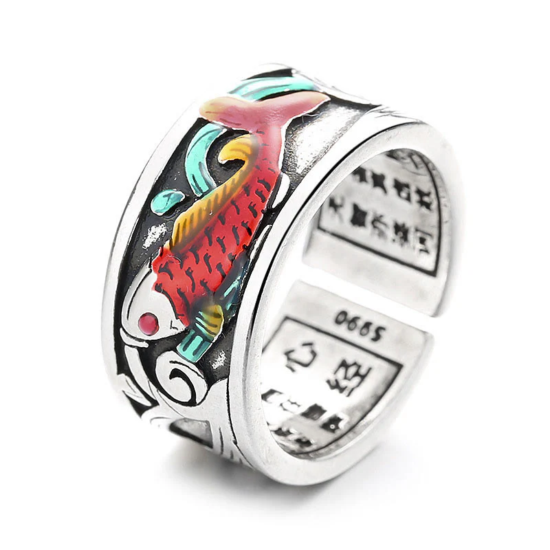 Anello di successo del Sutra del cuore del pesce koi in smalto blu Buddha Stones - Image 6