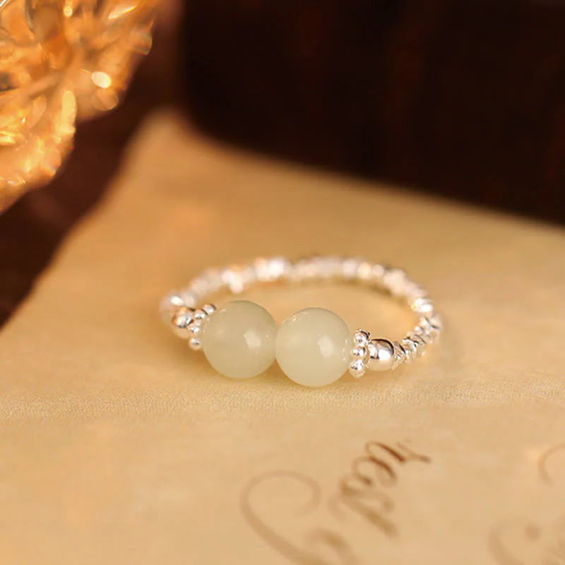 Anello elastico con perline di giada Hetian naturale in argento sterling 925 Buddha Stones - Image 10