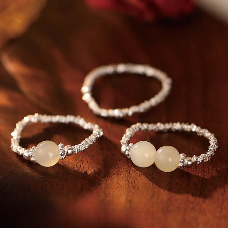 Anello elastico con perline di giada Hetian naturale in argento sterling 925 Buddha Stones - Image 2