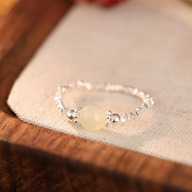 Anello elastico con perline di giada Hetian naturale in argento sterling 925 Buddha Stones - Image 7