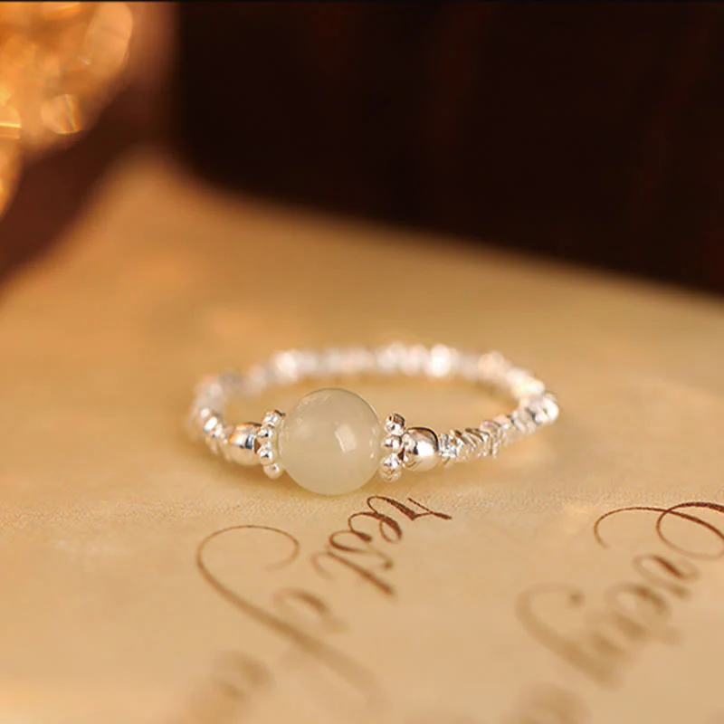 Anello elastico con perline di giada Hetian naturale in argento sterling 925 Buddha Stones - Image 8