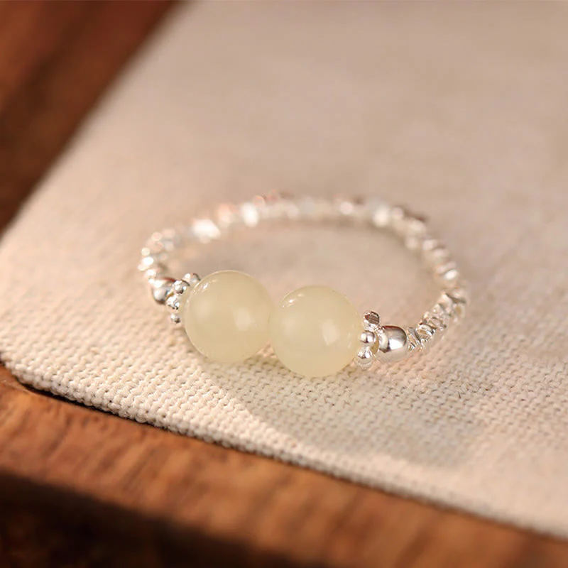 Anello elastico con perline di giada Hetian naturale in argento sterling 925 Buddha Stones - Image 9