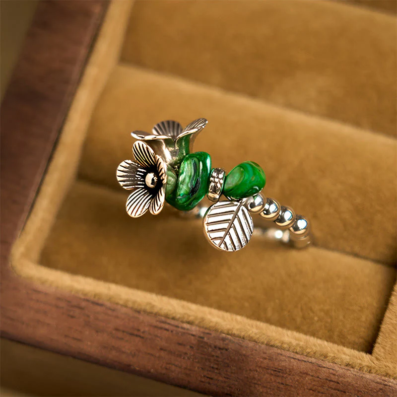 Anello elastico portafortuna in lega di rame con motivo floreale e Buddha Stones - Image 3