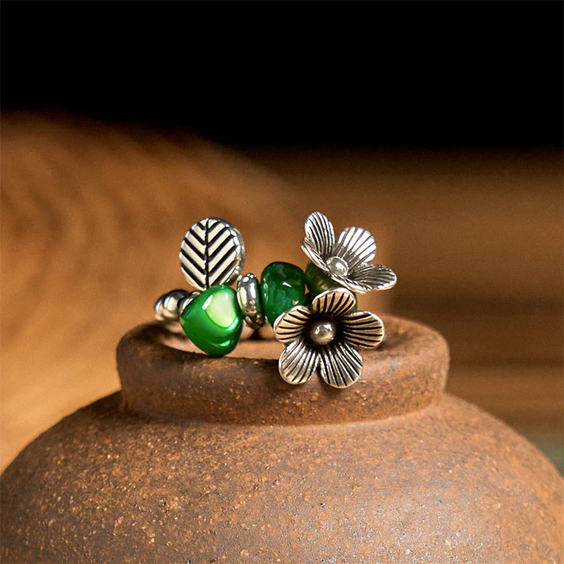 Anello elastico portafortuna in lega di rame con motivo floreale e Buddha Stones - Image 4