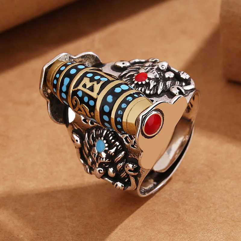Anello girevole Buddha Stones tibetano Om Mani Padme Hum Garuda Dzi con motivo a perline - Image 4