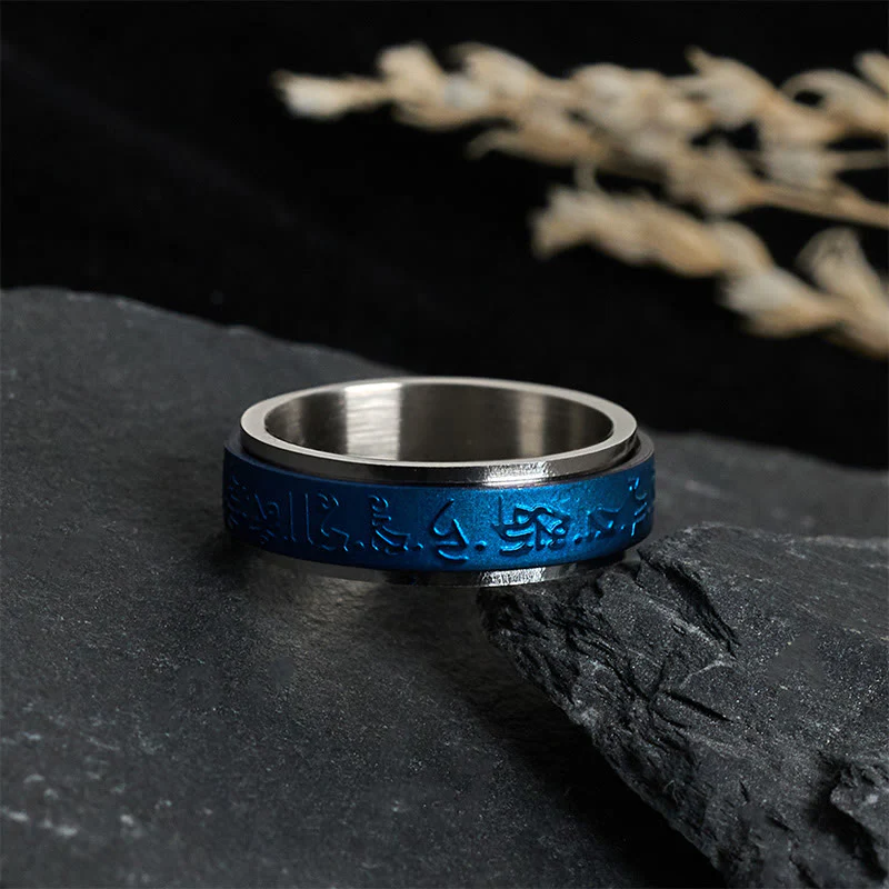 Anello girevole in acciaio al titanio con mantra del farmacista blu , Buddha Stones, scritture tibetane - Image 2