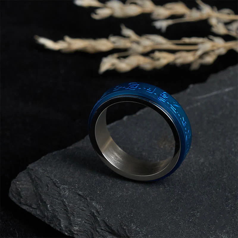 Anello girevole in acciaio al titanio con mantra del farmacista blu , Buddha Stones, scritture tibetane - Image 3