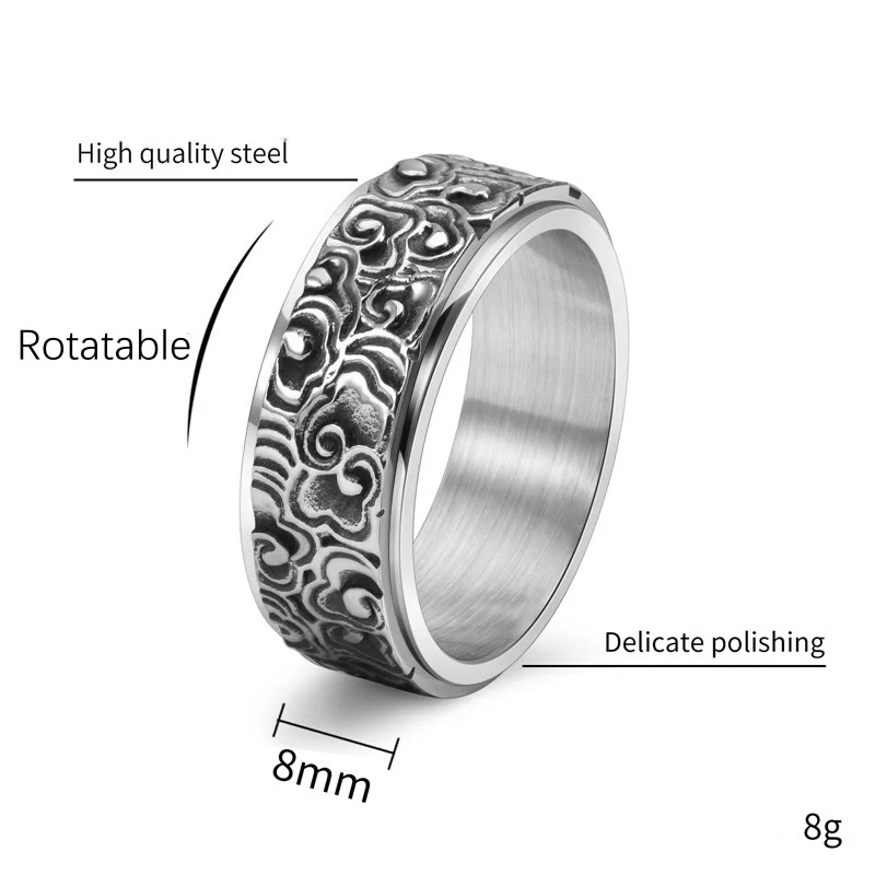 Anello girevole in titanio intagliato con motivo a nuvole di buon auspicio Buddha Stones - Image 5