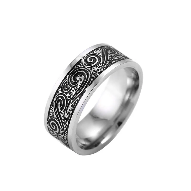 Anello in acciaio al titanio con motivo inciso a onde vintage e nuvole di buon auspicio - Image 5